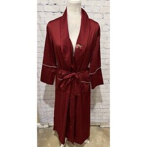 Bed To Brunch Maroon Satin Long Robe Embroidered Rose Size XS